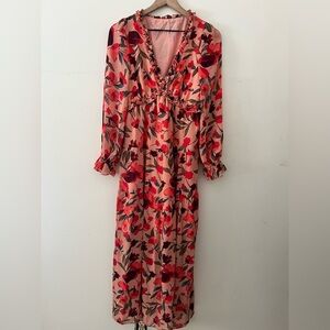 Floral Red and Pink maxi dress v neck ruffle slip lined size small coquette fem